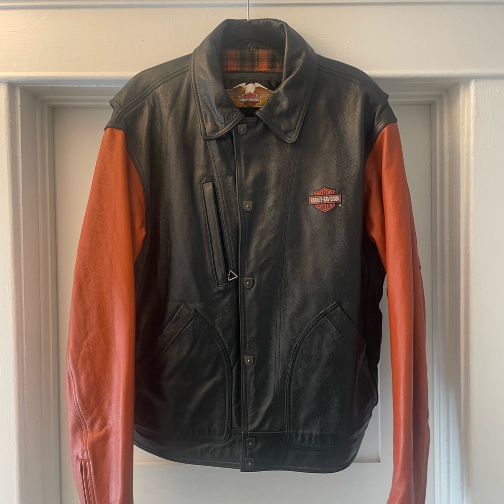 Harley-Davidson Black Leather Jacket with Orange Sleeves